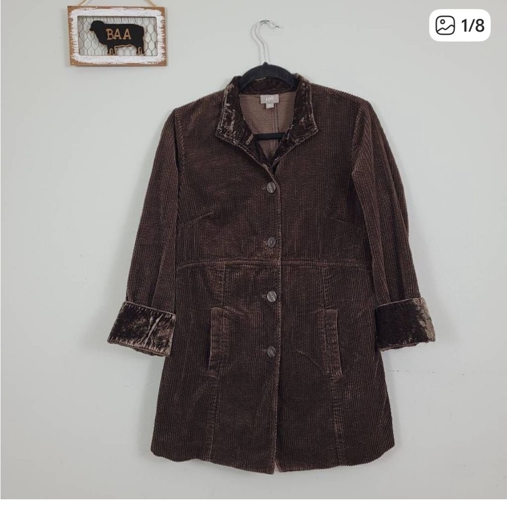 J Jill Chocolate Brown Corduroy Velvet Trim Coat Sz XS Pleated Back Tunic Length